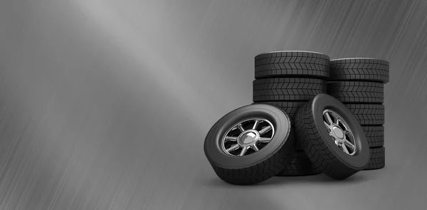 Řady pneumatik proti kovové textury — Stock fotografie