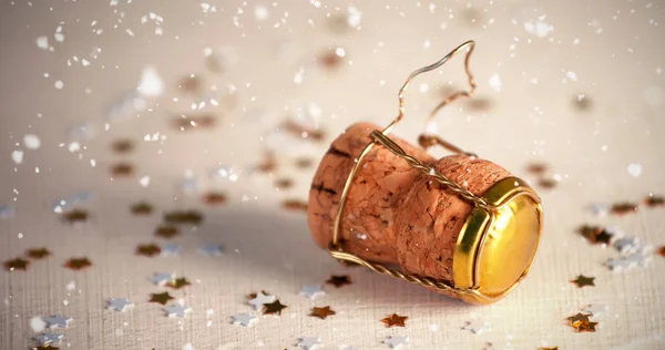 Wooden champagne cork with confetti — Stock Photo, Image