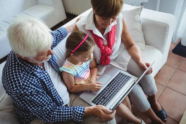 Abuelos y nieta usando portátil en la sala de estar — Foto de Stock