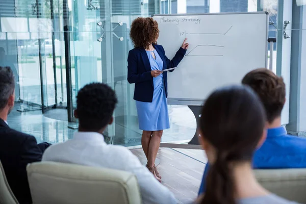 Businesswoman discussing on white board with coworkers — Stock Photo, Image