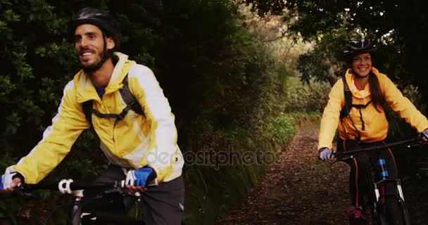 Montanha de bicicleta casal equitação na floresta — Vídeo de Stock