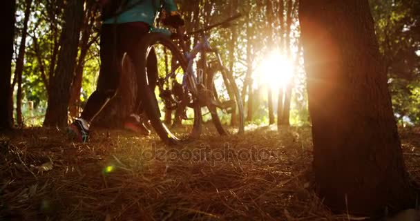 Горный велосипедист с велосипедом — стоковое видео