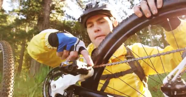 Bicicleta de fijación de ciclista de montaña macho — Vídeo de stock