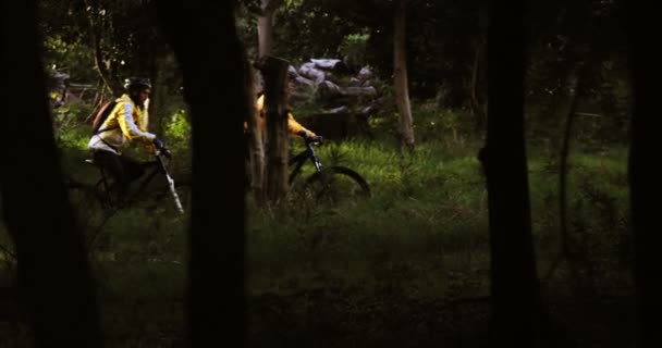 Mountain biking paar paardrijden in bos — Stockvideo