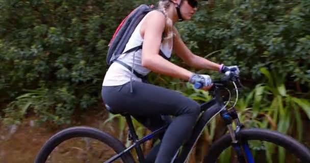 Ciclista femenina en pista de tierra — Vídeo de stock