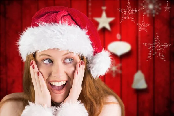 Donna sorpresa in costume da Babbo Natale — Foto Stock