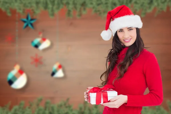 Mujer en traje de santa celebración de su regalo —  Fotos de Stock