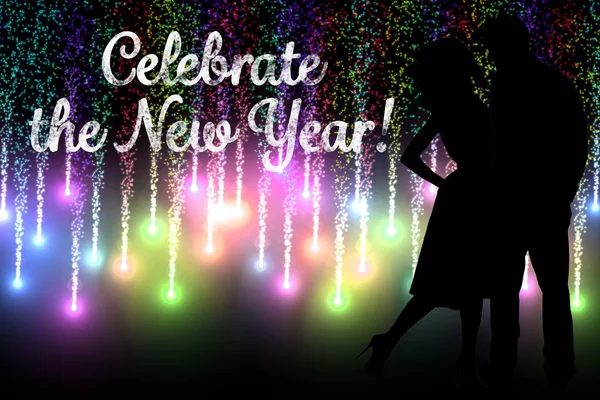 Yeni yıl mesajı ve çift siluet — Stok fotoğraf