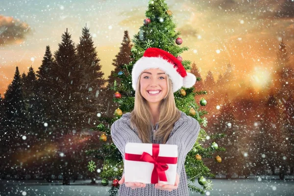 Mujer en sombrero de santa sosteniendo un regalo —  Fotos de Stock