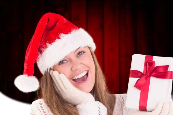 Excited woman in santa hat — Stock Photo, Image