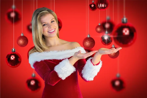 Woman in santa costume gesturing — Stock Photo, Image