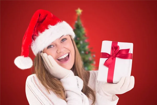 Eccitato donna in cappello di Babbo Natale — Foto Stock