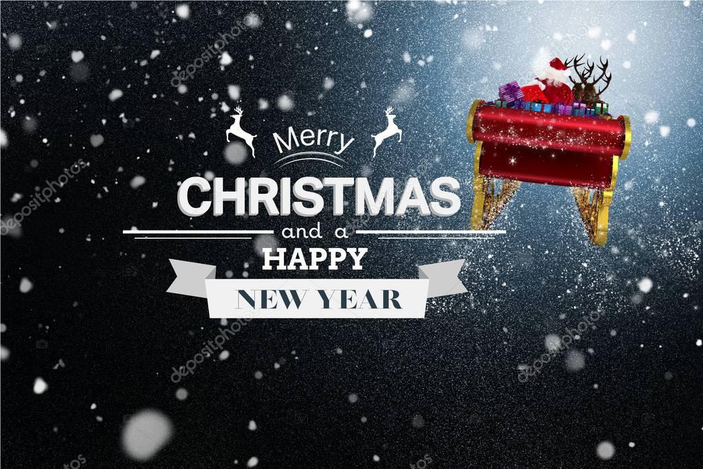 Digital Composite of Flying Santa Sleigh and Christmas Message on Snowy Background Design