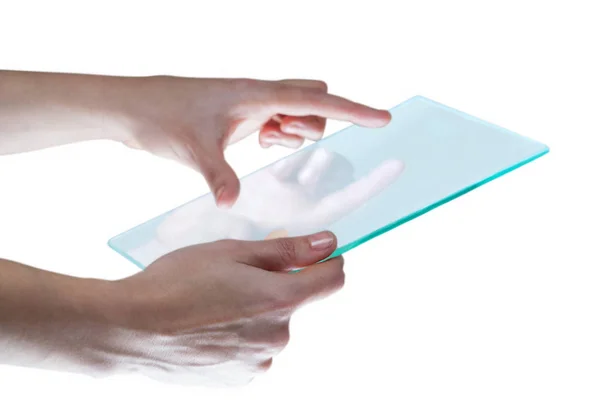 Mãos fingindo usar tablet digital — Fotografia de Stock
