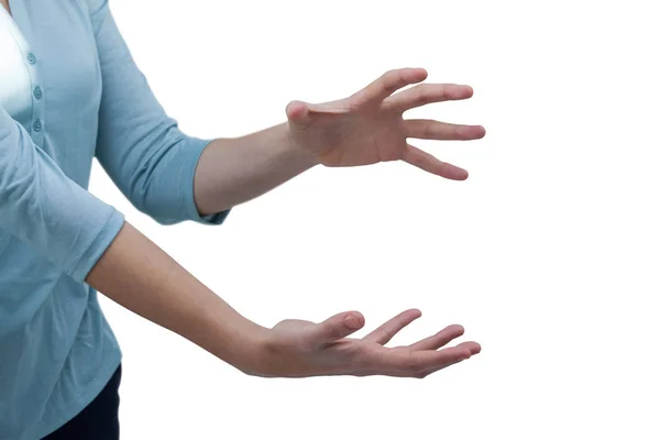 Kadın beyaz arka planı el hareketi — Stok fotoğraf