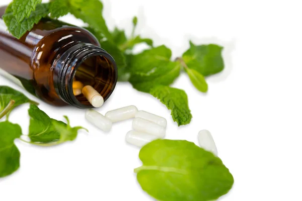 Medicine bottle with mint leaves — Stock Photo, Image