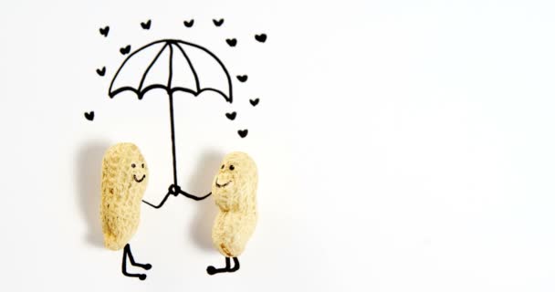 Figuras de cacahuete como pareja bajo paraguas — Vídeos de Stock