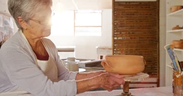 Жіночий гончар посміхається в керамічному магазині — стокове відео