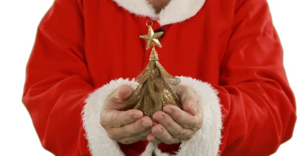 Santa claus holding christmas ornament — Stock Video