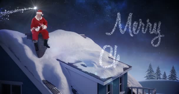 Санта Клаус сидит на дымоходе — стоковое видео