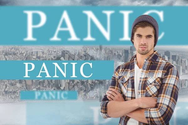 Word panic and portrait of confident hipster — Stock Photo, Image