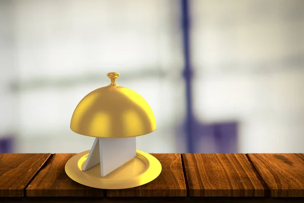 Golden serving platter with card — Stock Photo, Image