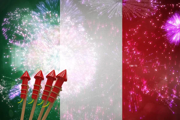 Rockets for fireworks against colorful fireworks