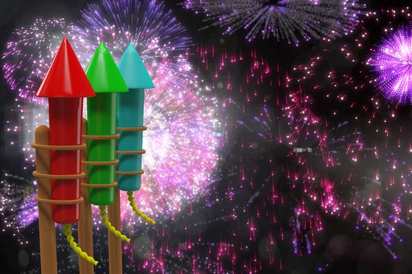Rockets for fireworks against colourful fireworks