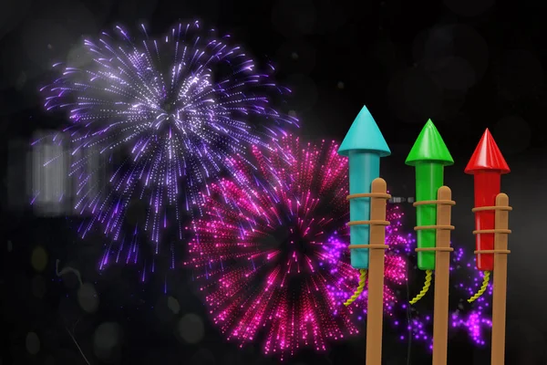 Rockets for fireworks against colourful fireworks — Stock Photo, Image