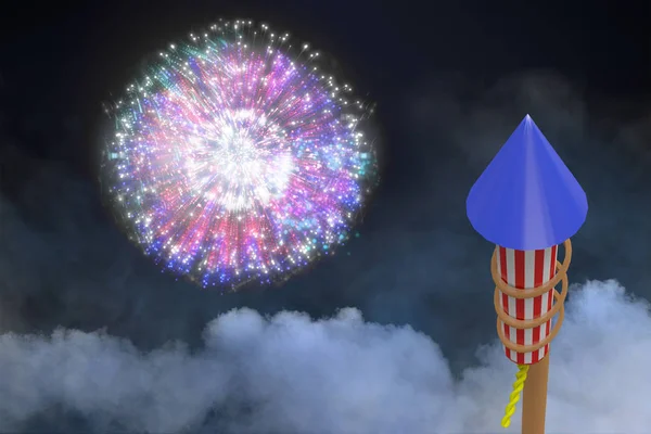 Rocket for firework against colourful fireworks — Stock Photo, Image