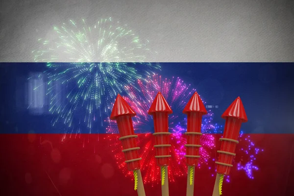 Rockets for fireworks against colorful fireworks — Stock Photo, Image