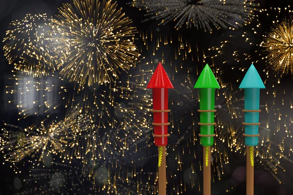 Cohetes para fuegos artificiales contra fuegos artificiales de colores —  Fotos de Stock