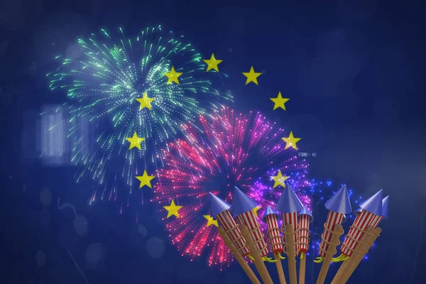 Rockets for fireworks against colorful fireworks — Stock Photo, Image