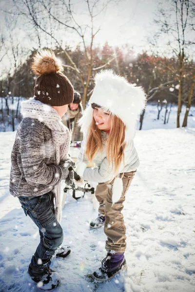 Brother and sister playing with sled — Stock Photo, Image