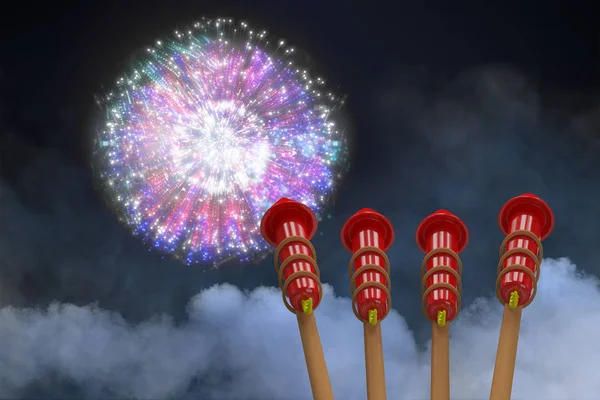 Raketten voor vuurwerk tegen kleurrijke vuurwerk — Stockfoto