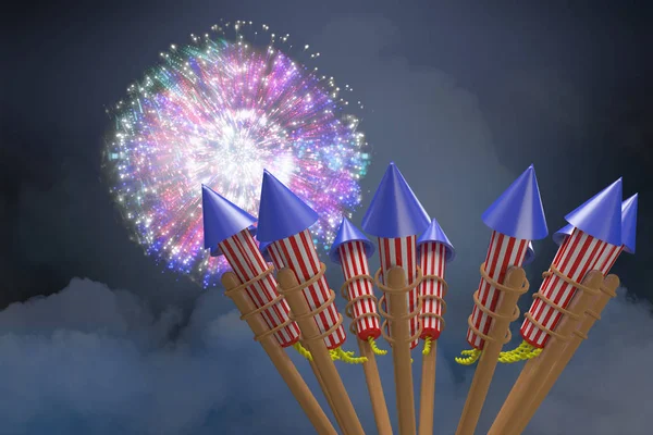 Cohetes para fuegos artificiales contra fuegos artificiales de colores —  Fotos de Stock