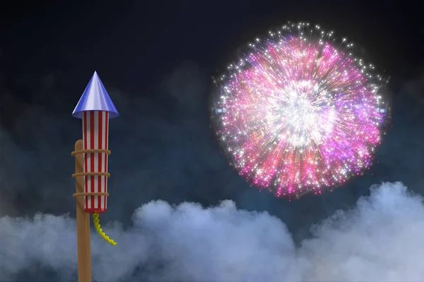 Raketen für Feuerwerk gegen buntes Feuerwerk — Stockfoto