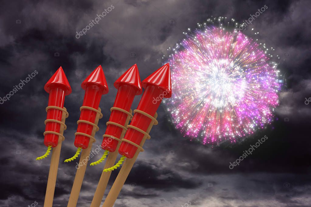 Rockets for fireworks against colorful fireworks — Stock Photo