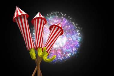 Rockets for fireworks against colourful fireworks  clipart