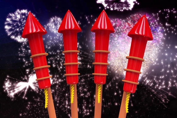 Rockets for fireworks against colourful fireworks — Stock Photo, Image