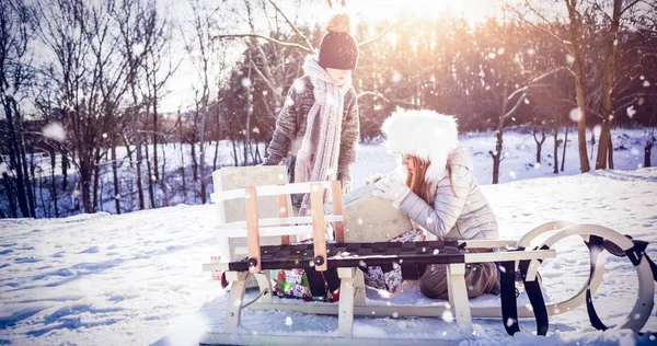 Frère et sœur prenant des cadeaux en traîneau — Photo