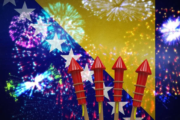 Rockets for fireworks against colorful fireworks — Stock Photo, Image
