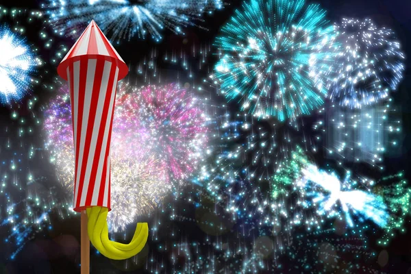 Rocket for firework against colourful fireworks — Stock Photo, Image