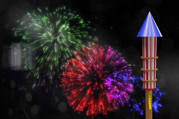 Rocket for fireworks against colorful fireworks — Stock Photo, Image