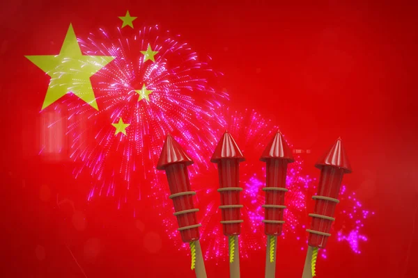 Rockets for fireworks against colorful fireworks