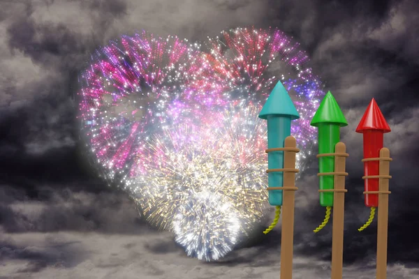 Cohetes para fuegos artificiales contra fuegos artificiales de colores —  Fotos de Stock