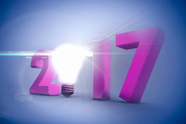 Composite image of 2017 with glowing light bulb over white background — Stock Photo, Image