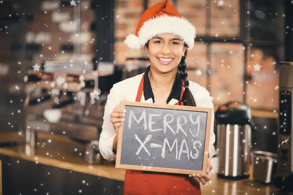 Cameriera con una lavagna allegra x-mas — Foto Stock