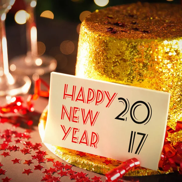Ευτυχισμένο το νέο έτος κάρτα σε χρυσό καπέλο — Φωτογραφία Αρχείου