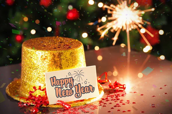 Gott nytt år kort på guld hatt — Stockfoto